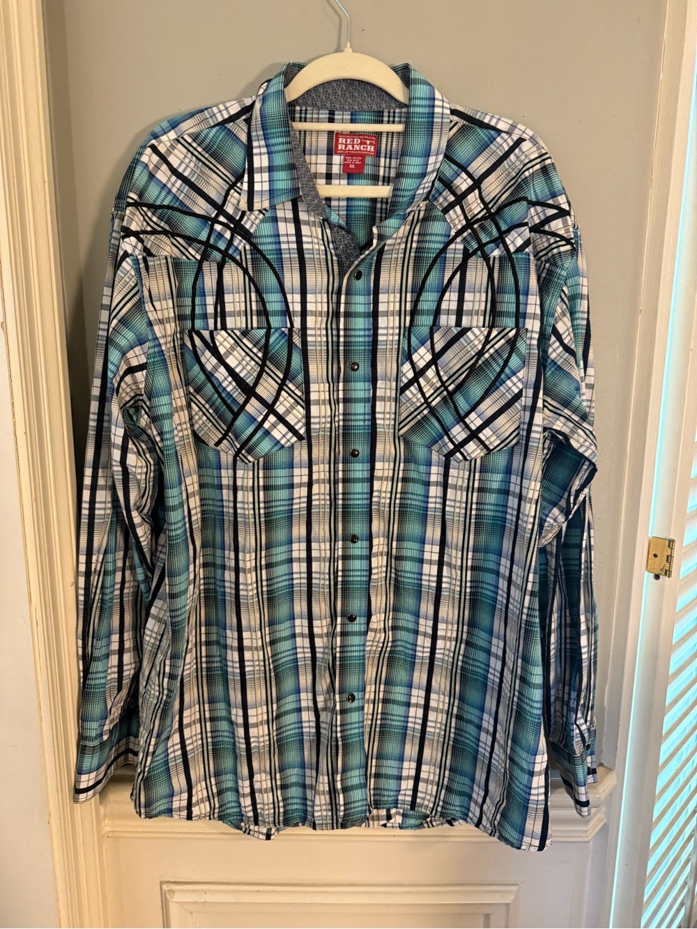Red Ranch Western Plaid Snap Button Shirt XXL Blue Turquoise Cowboy Rodeo